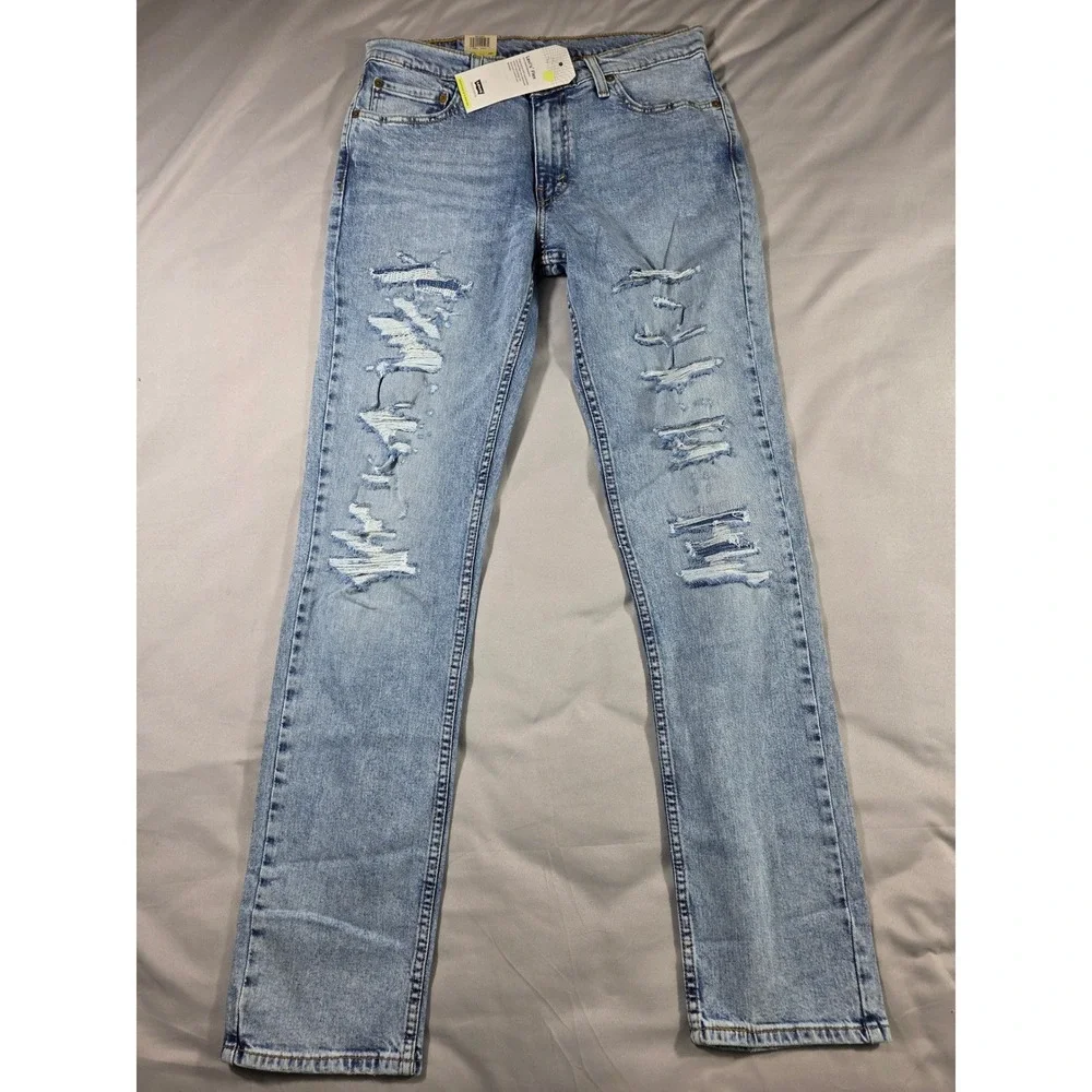 Levi's 511 Slim Jeans Mens 33x34 Light Blue Distressed Ripped Flex Stretch NEW